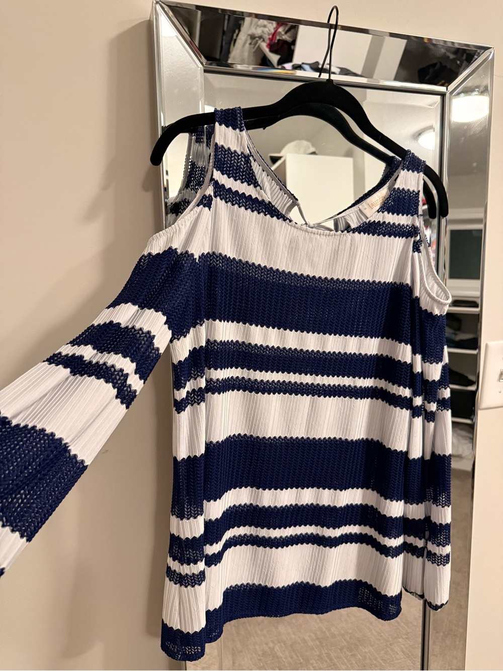 Laundry By Shelli Segal Navy and White Striped Cold-Shoulder Knit Top